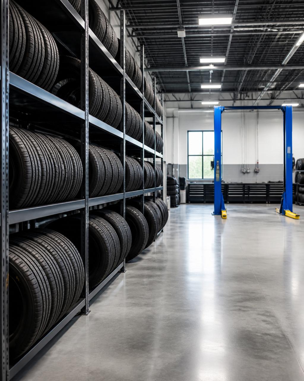 Clean automotive garage bay with organized tire racks and professional lighting